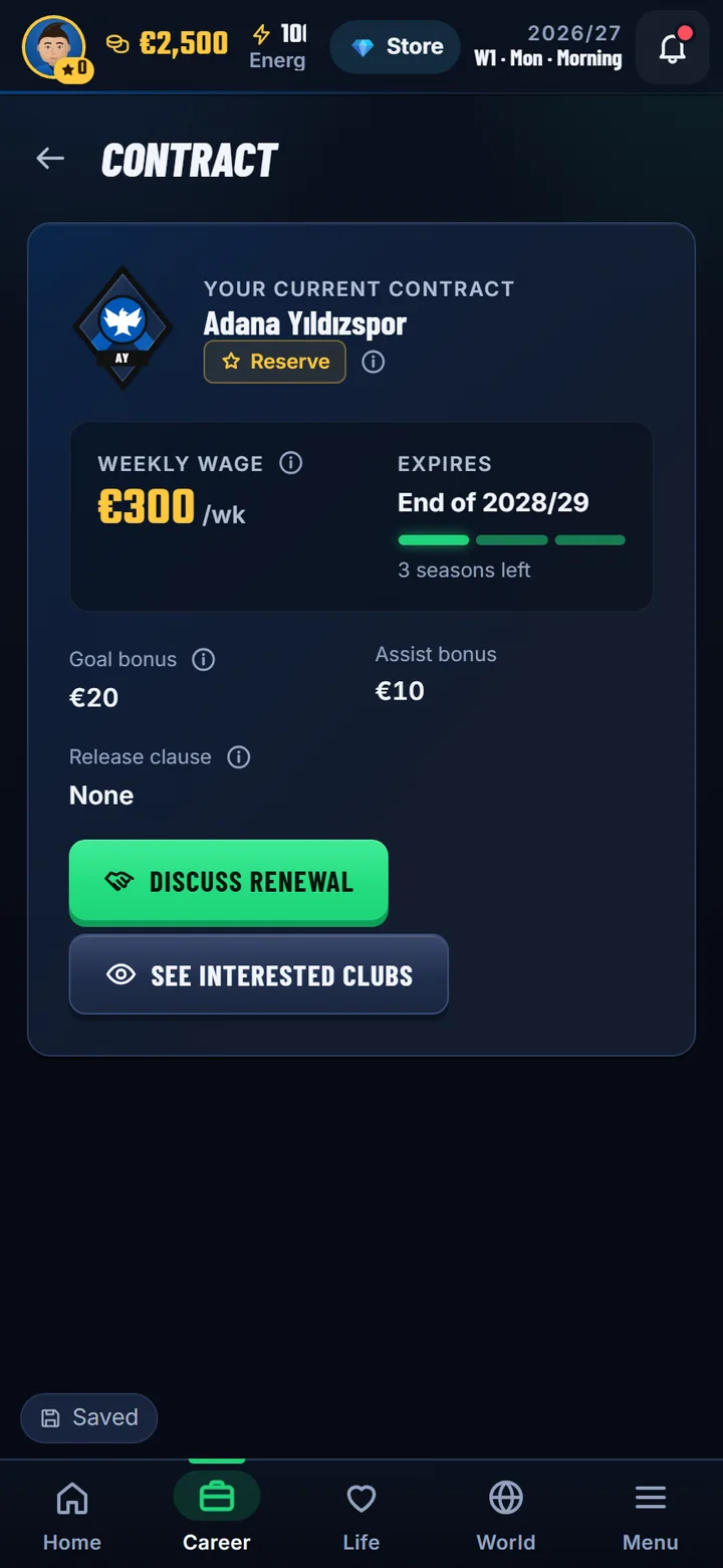 Contract screen: Adana Yıldızspor, weekly wage €300, until the end of 2028/29, renegotiate button