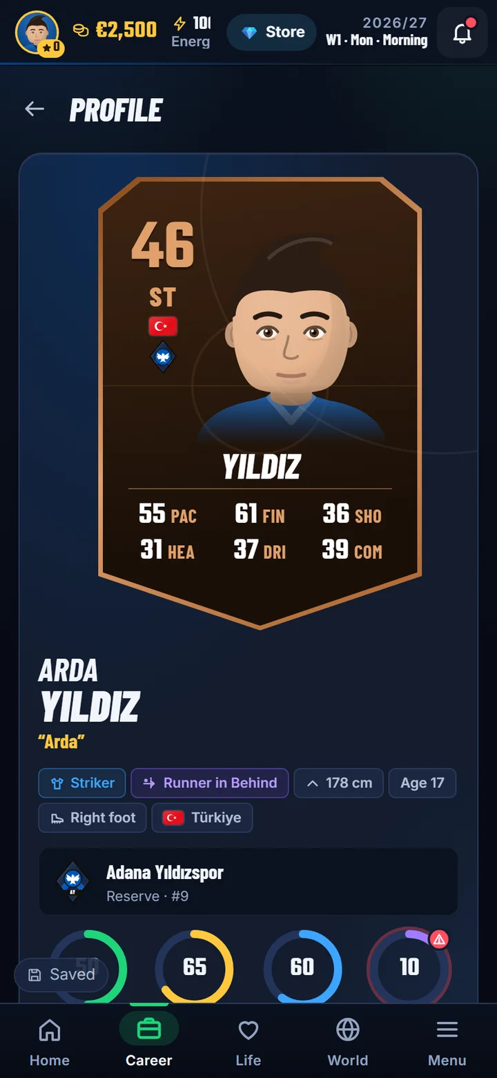 Player card: Arda Yıldız, striker, overall 46, aged 17